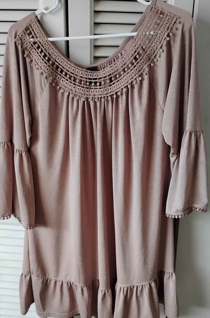 Women’s Crochet Yoke Swing Top in Taupe Brown By Winwin Size XL